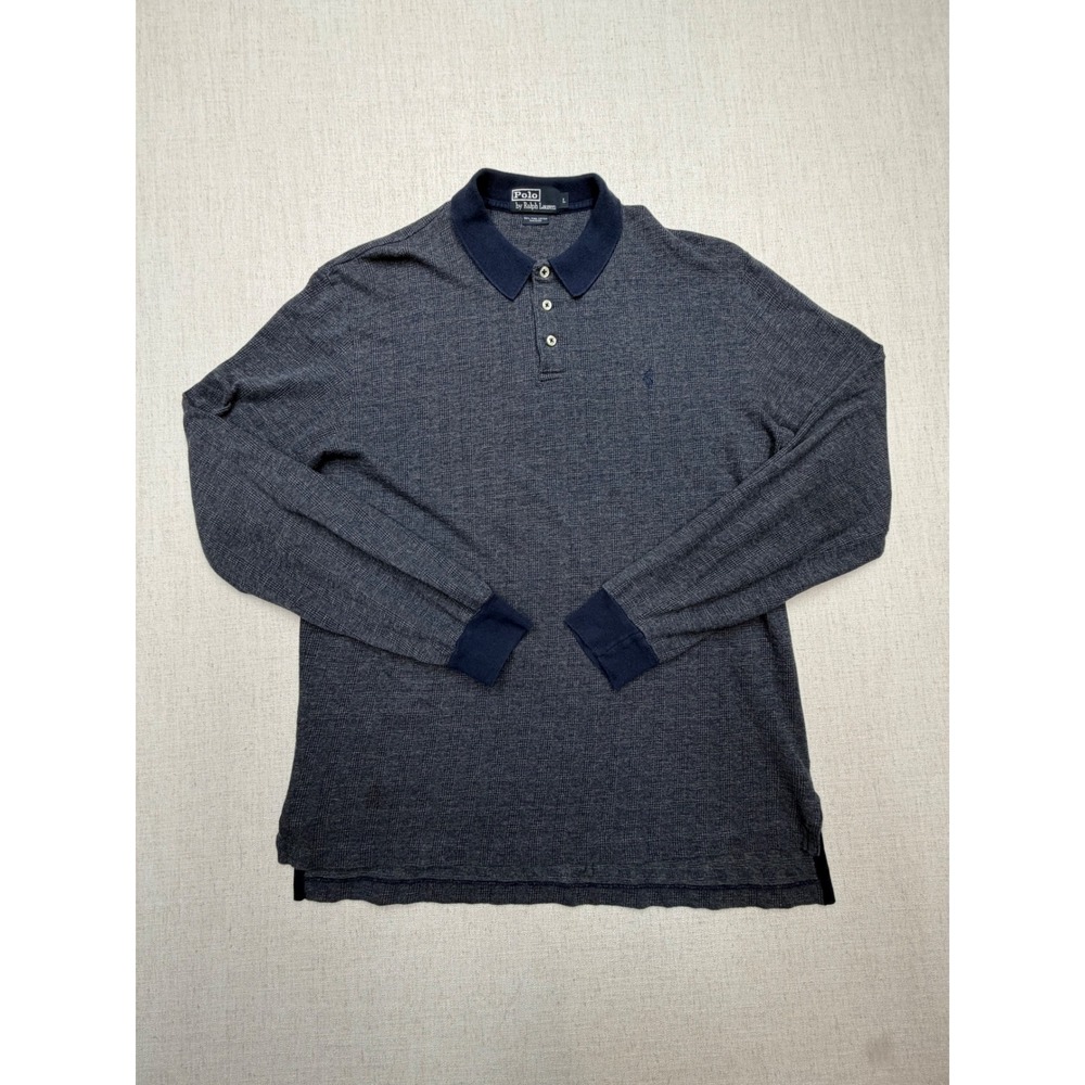 VTG Polo Ralph Lauren Mens L Pima Cotton Long Sleeve Polo Shirt Navy Grey Knit
